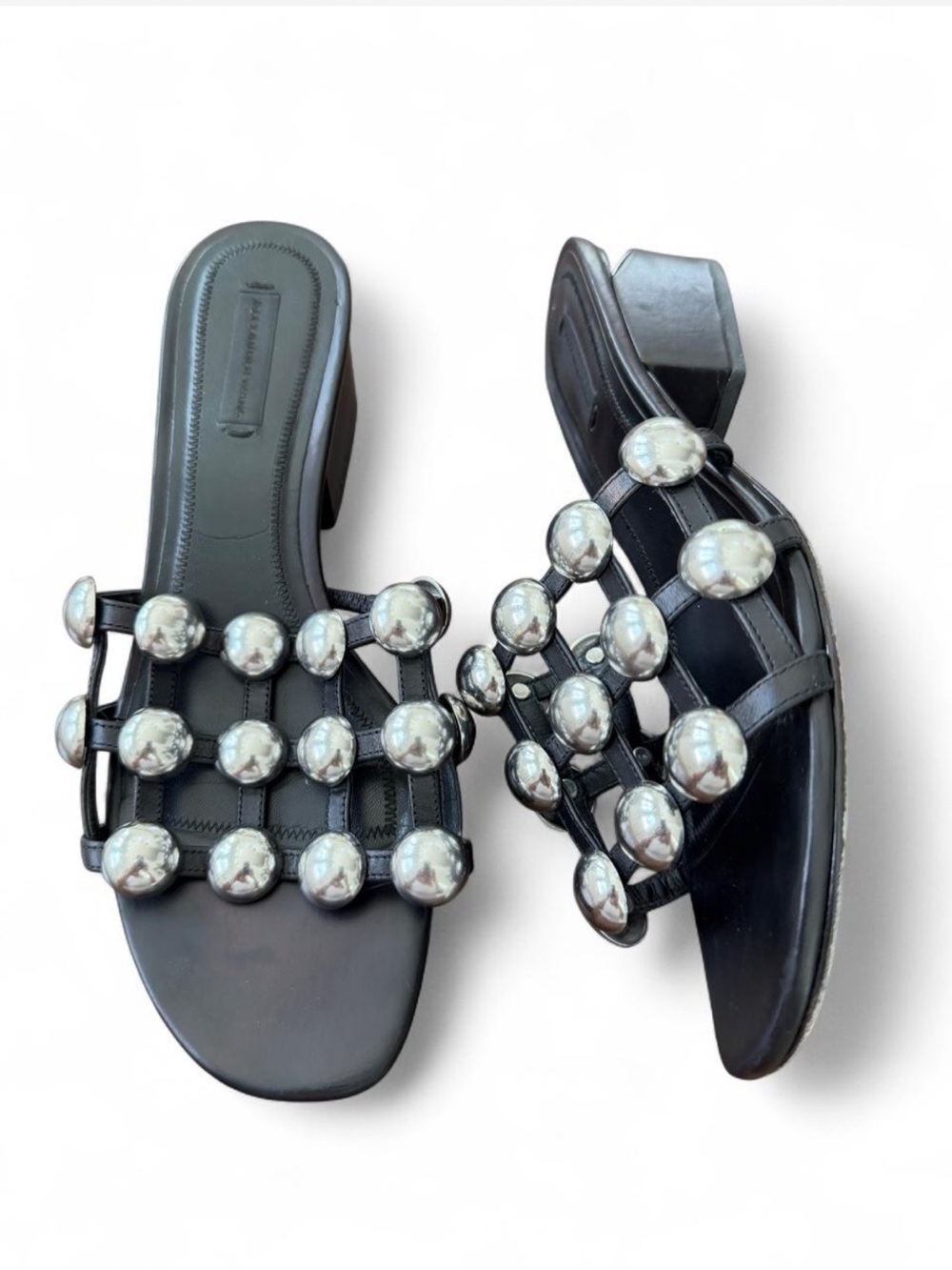 Alexander Wang Black Leather Dome Stud Lou Cutout Block Heel Sandals 38.5